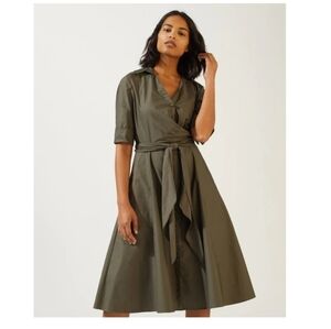 Jigsaw poplin Olive Green Short Sleeve wrap tie Dress 8